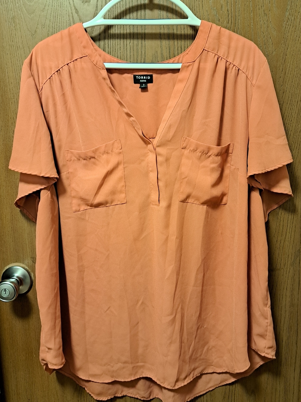 Torrid Women's V-Neck Short Sleeve Pocket Blouse - Peach